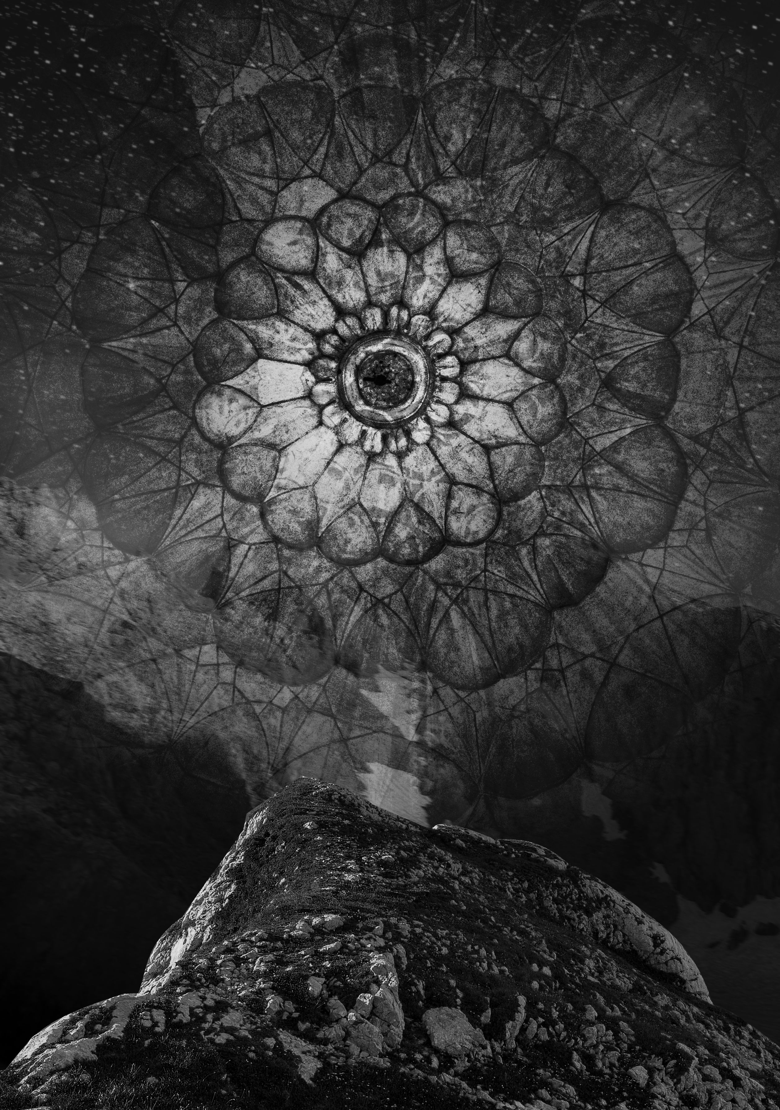 complex concentric geometric arrangements pulsate in the air before a mountain ledge against a background of more mountains and a starry sky. the image is in black and white complex concentric geometric arrangements pulsate in the air before a mountain ledge against a background of more mountains and a starry sky. the image is in black and white