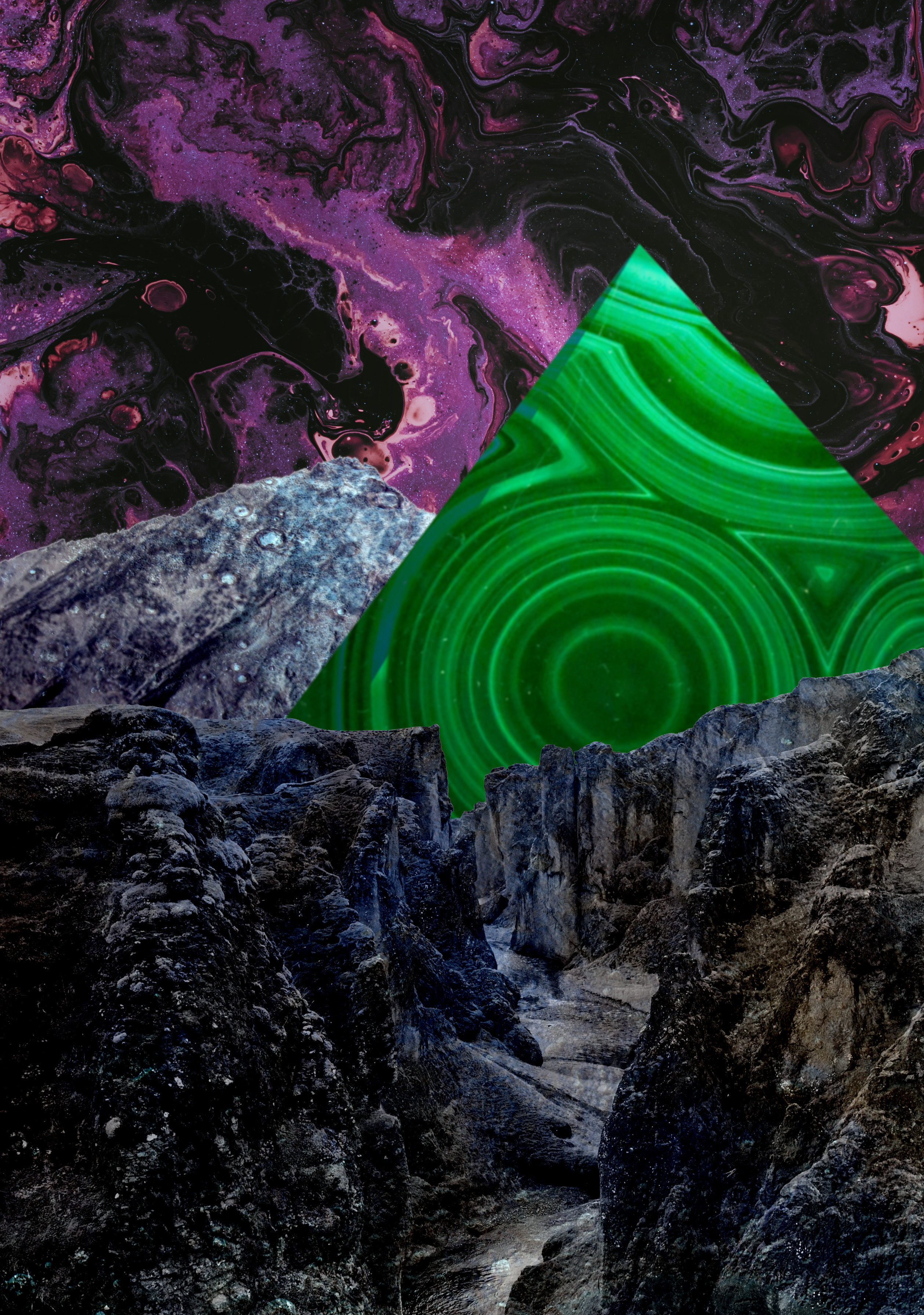 foreground: a narrow gorge winds its way through a rough, barren, rocky landscape, colored blue, black, and gray. past the rocks, a green pyramid striped with lighter and darker circles looms, and behind that, a mountain of the same rock. the background is a vivid psychedelic field of purple, pink, magenta, and black swirls foreground: a narrow gorge winds its way through a rough, barren, rocky landscape, colored blue, black, and gray. past the rocks, a green pyramid striped with lighter and darker circles looms, and behind that, a mountain of the same rock. the background is a vivid psychedelic field of purple, pink, magenta, and black swirls
